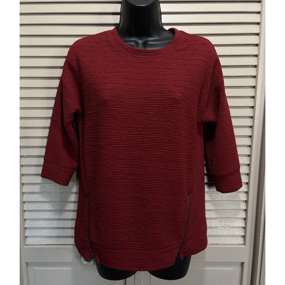 ANA Deep‎ Red Zip Detail Round Neck 3/4 Sleeve Top Size XS Textured Material